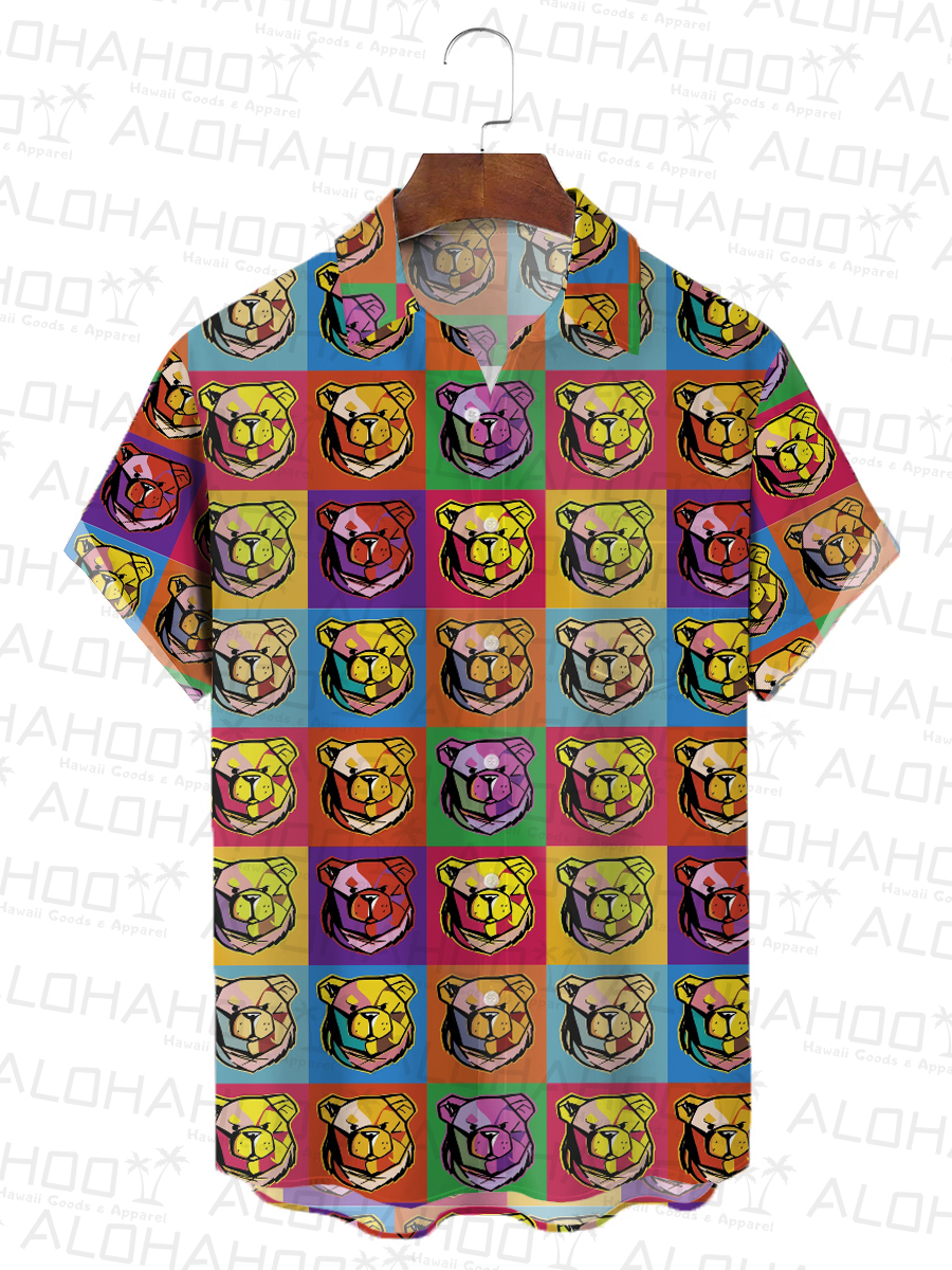 Men's Hawaiian Shirt Funny Rainbow Bear Colorblock Print Button Down Shirt