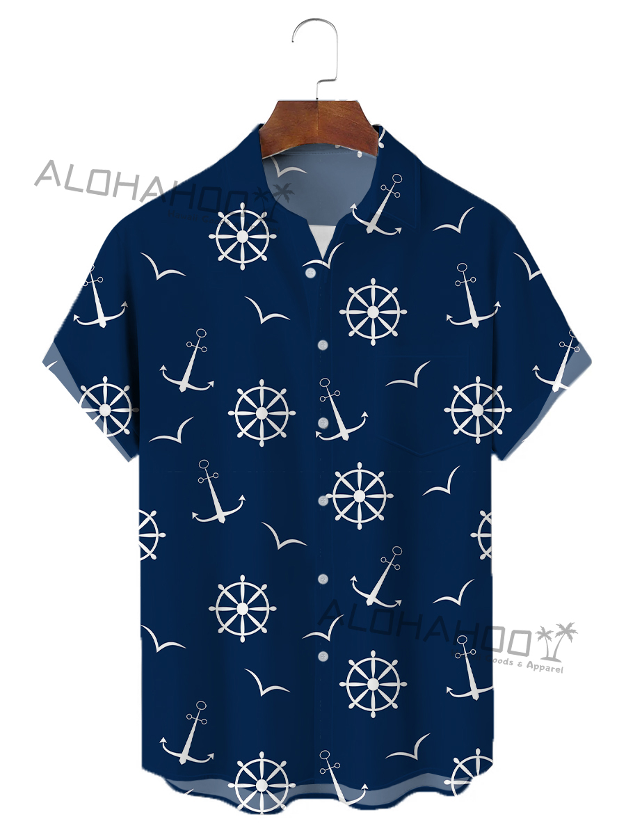 Men's Hawaiian Shirts Vintage Nautical Anchor Pattern Easy Care Short-Sleeved Shirt