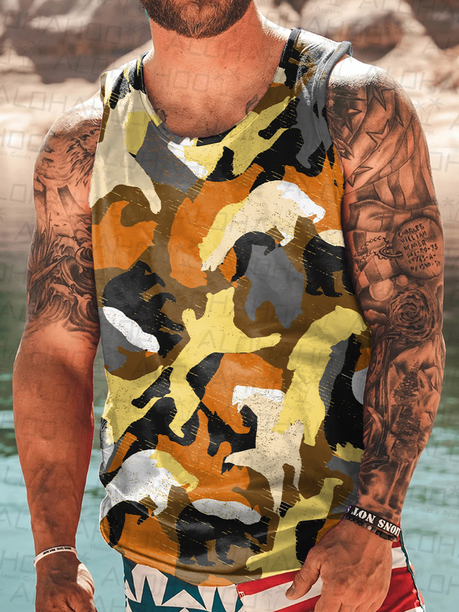 Men's Tank Top Bear Rainbow Camouflage Art Print Crew Neck Tank T-Shirt