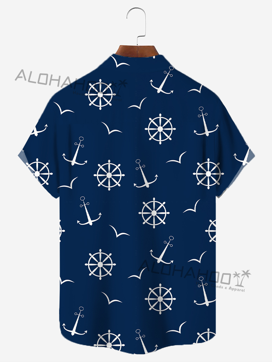 Men's Hawaiian Shirts Vintage Nautical Anchor Pattern Easy Care Short-Sleeved Shirt