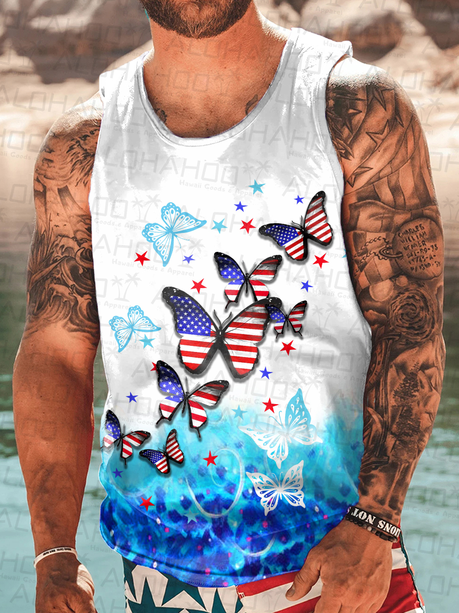 Men's T-shirt Casual American Flag Butterfly Print Tank Top