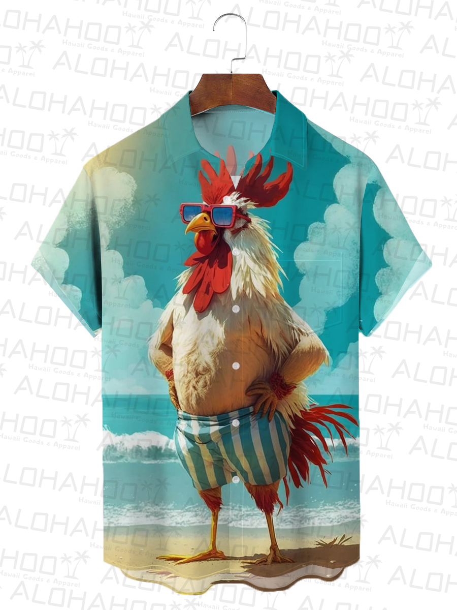 Moisture-wicking Ombre Beach Chicken Chest Pocket Hawaiian Shirt