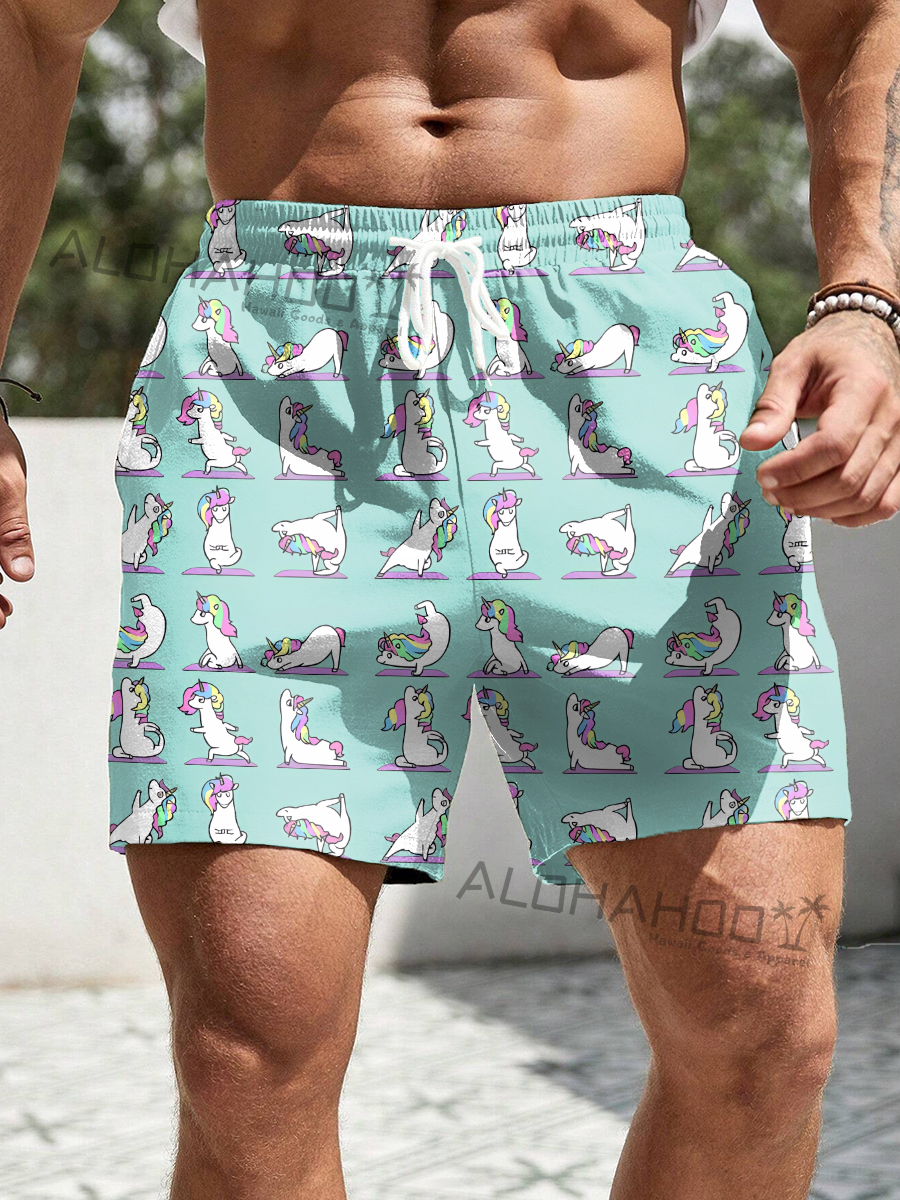 Men's Hawaiian Fun Unicorn Yoga Pattern Beach Shorts