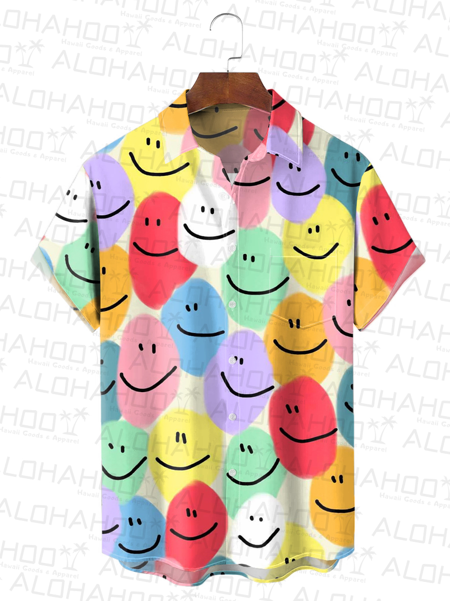 Men's Hawaiian Shirt Colorful Smile Print Beach Easy Care Short Sleeve Shirt