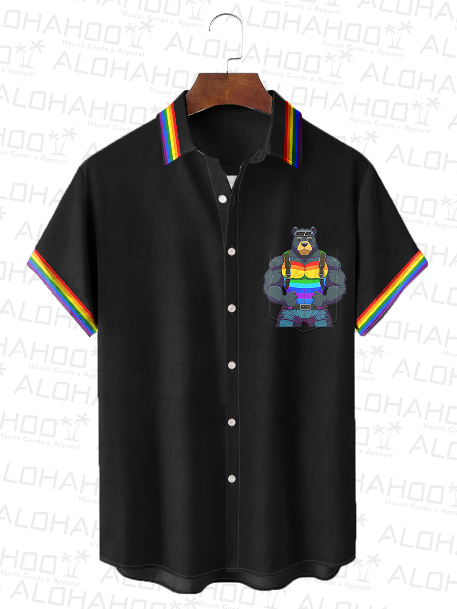 Men's Hawaiian Shirt Rainbow Sexy Bear Stripes Art Print Beach Easy Care Short Sleeve Shirt