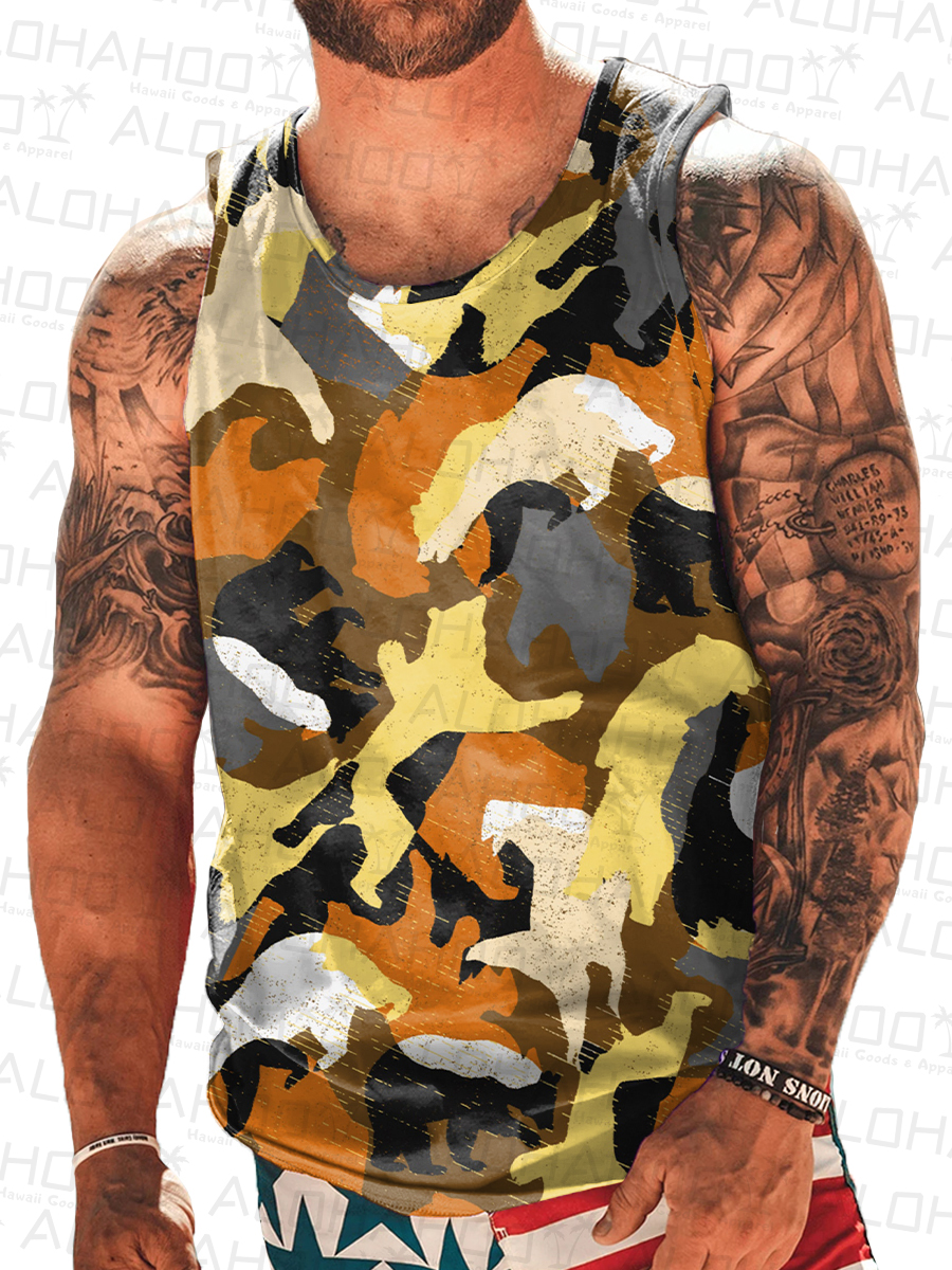 Men's Tank Top Bear Rainbow Camouflage Art Print Crew Neck Tank T-Shirt