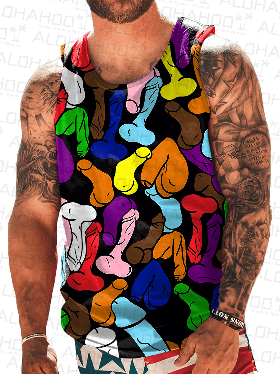 Men's Fun And Sexy Colorful Cocks Pride Art Print Tank Top Muscle Tee
