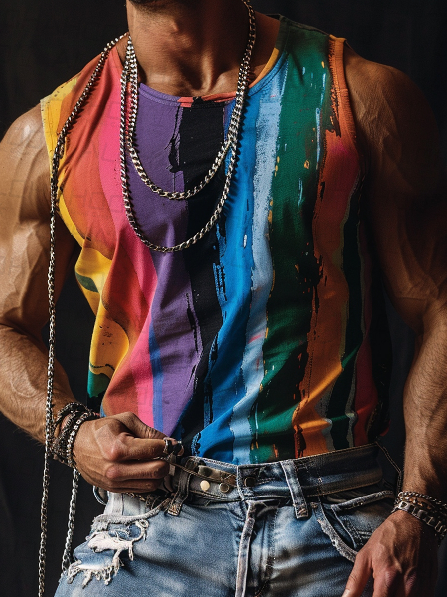Men's Casual Rainbow Stripes Tank Top T-Shirt