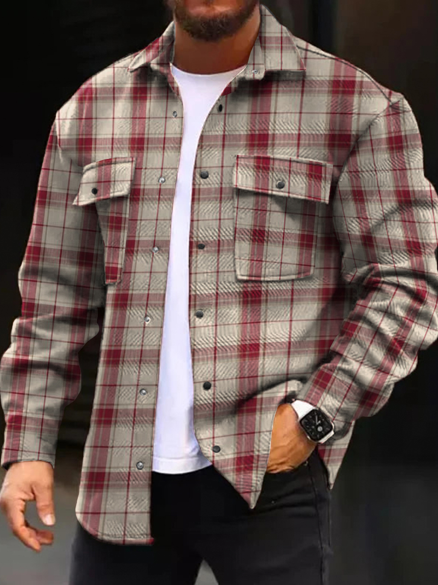 Men's Casual Jacket Retro Plaid Long Sleeve Pockets Christmas Shirt Jacket