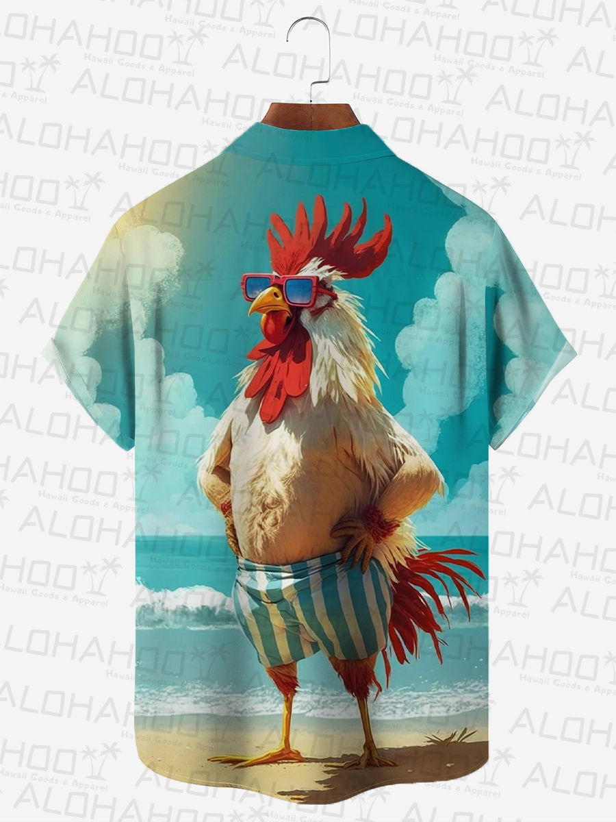 Moisture-wicking Ombre Beach Chicken Chest Pocket Hawaiian Shirt