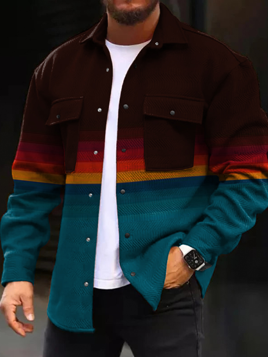 Men's Casual Jacket Retro Colorblock Pattern Long Sleeve Pockets Shirt Jacket