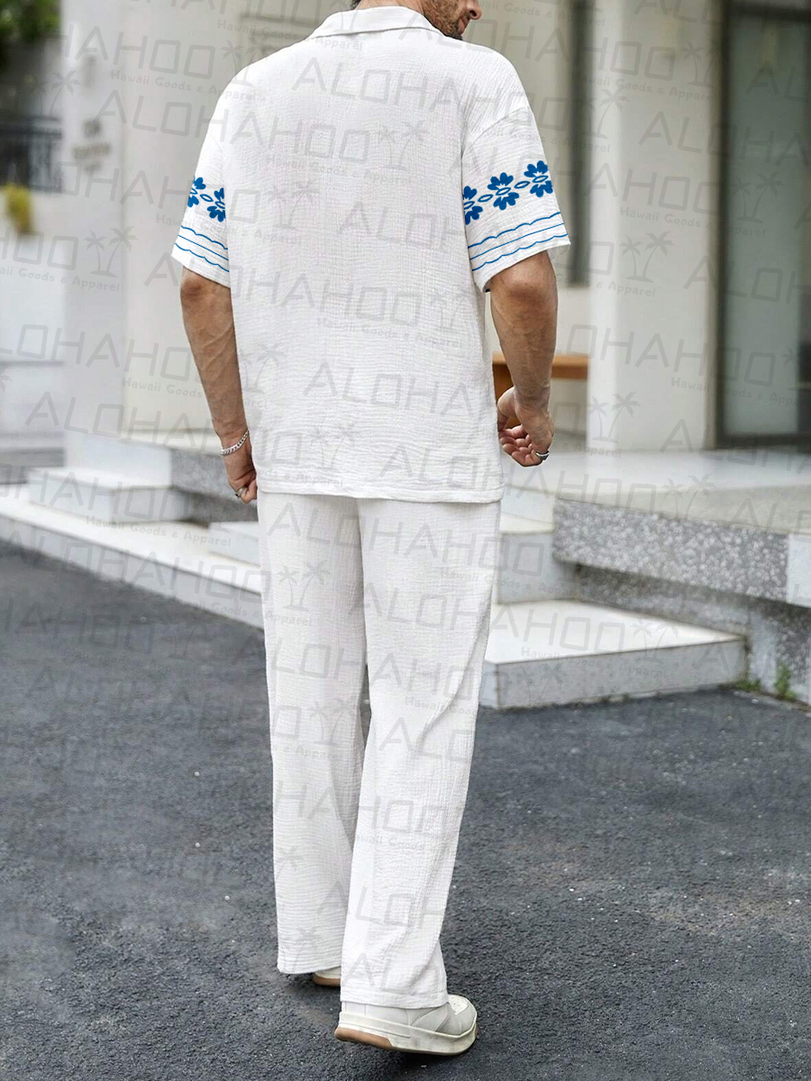 Men's Sets Floral Print Button Down Wrinkle Free Seersucker Two-Piece Shirt Shorts