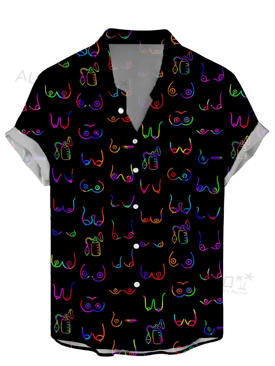 Men's Hawaiian Shirts Rainbow Boob Lines Pattern Easy Care Short-Sleeved Shirt