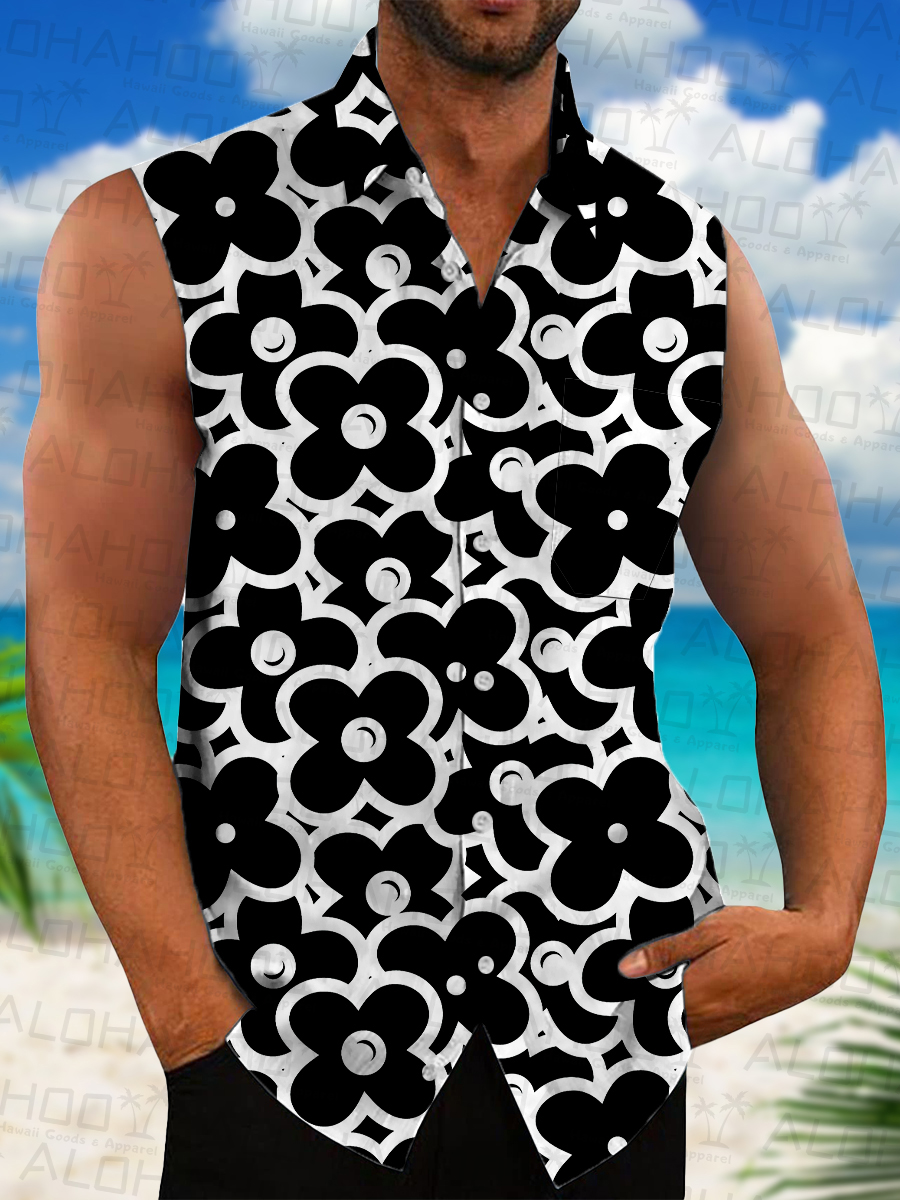 Men's Hawaiian Shirts Black Flowers Print Sleeveless Shirts