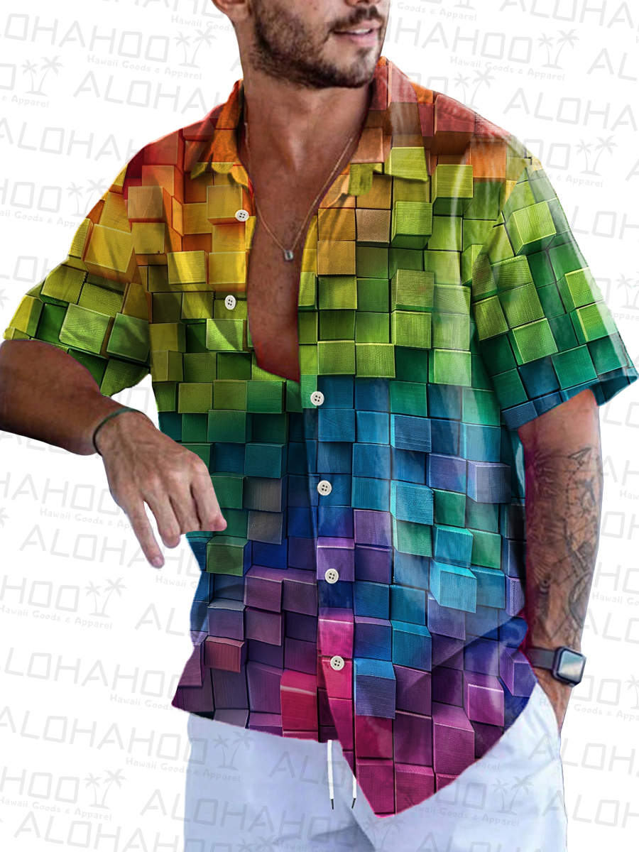 Rainbow Plaid Pattern Short-Sleeved Hawaiian Shirt