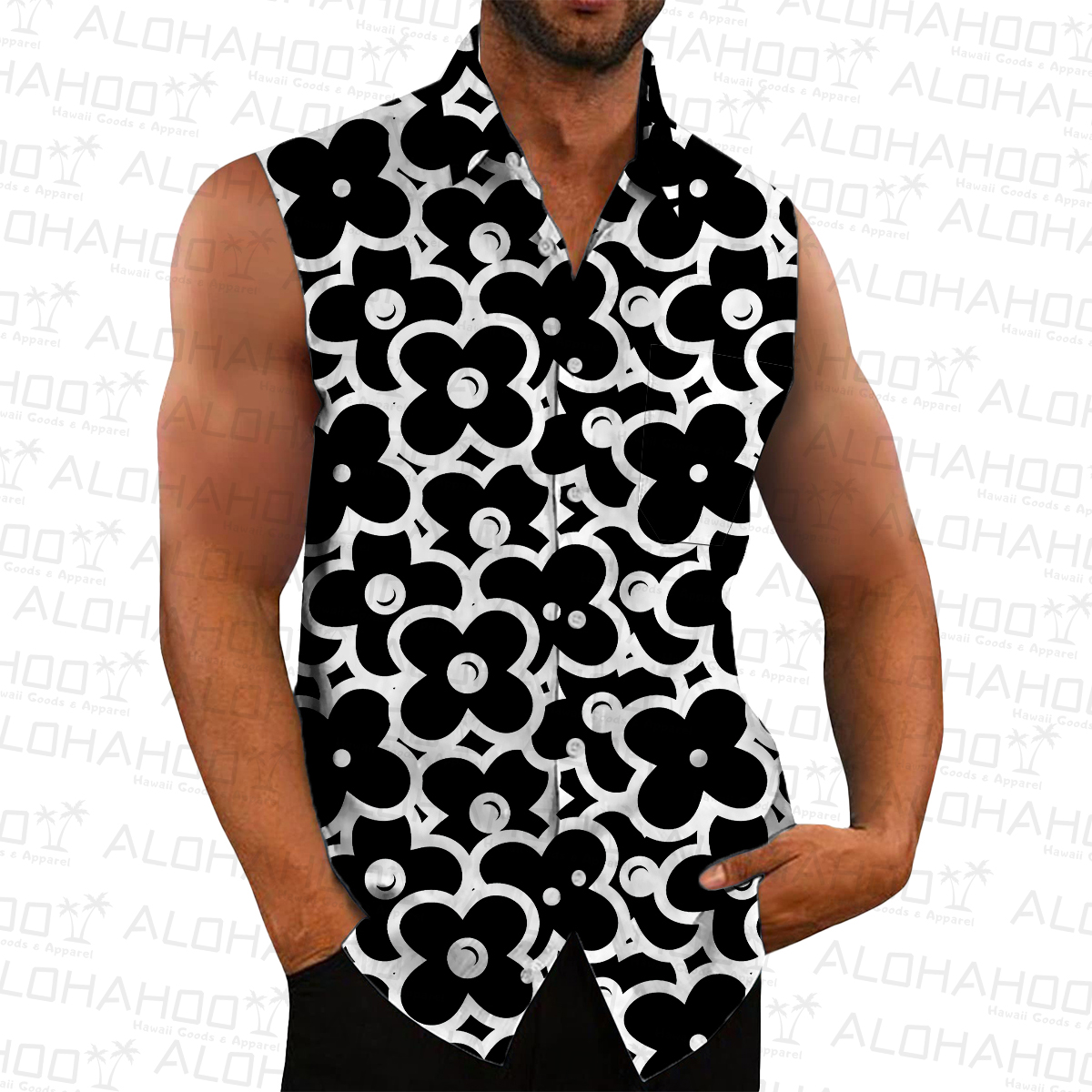 Men's Hawaiian Shirts Black Flowers Print Sleeveless Shirts