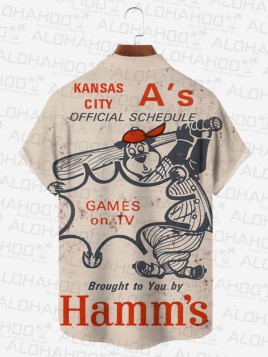 50's Retro Baseball Men's Hawaiian Shirts Fun Cartoon Bear Stretch Aloha Camp Pocket Shirts