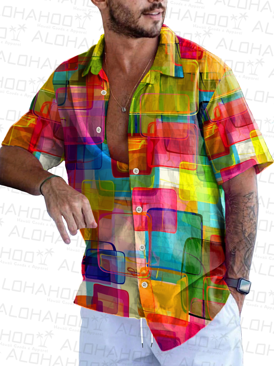 Rainbow Geometry Art Pattern Short-Sleeved Hawaiian Shirt
