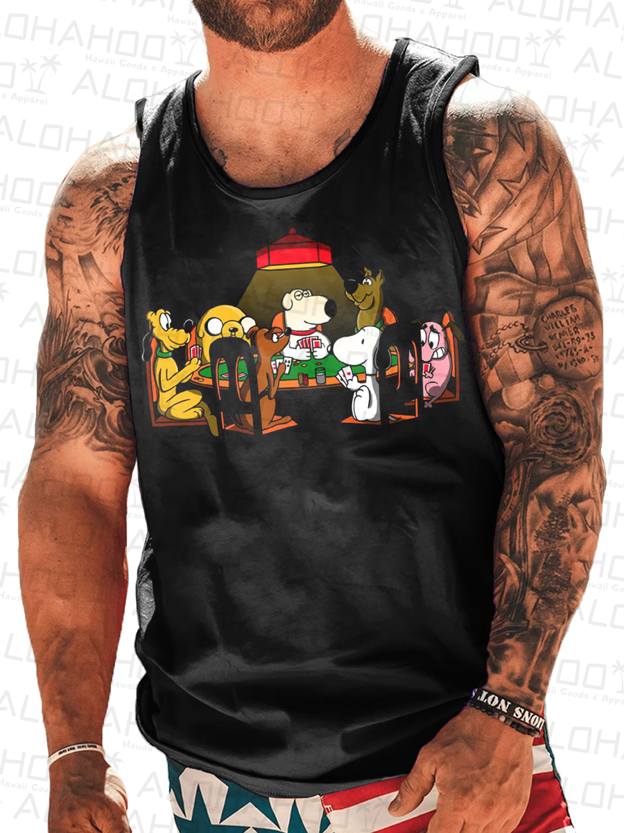 Nostalgic Cartoon Art Print Crew Neck Tank Top Muscle Tee