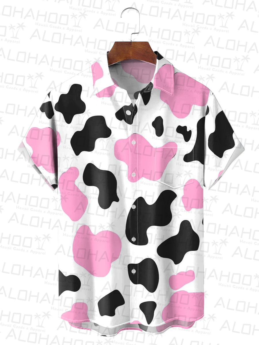 Men's Hawaiian Shirt Cow Print Pink Doll Style Easy Care Short Sleeve Shirt