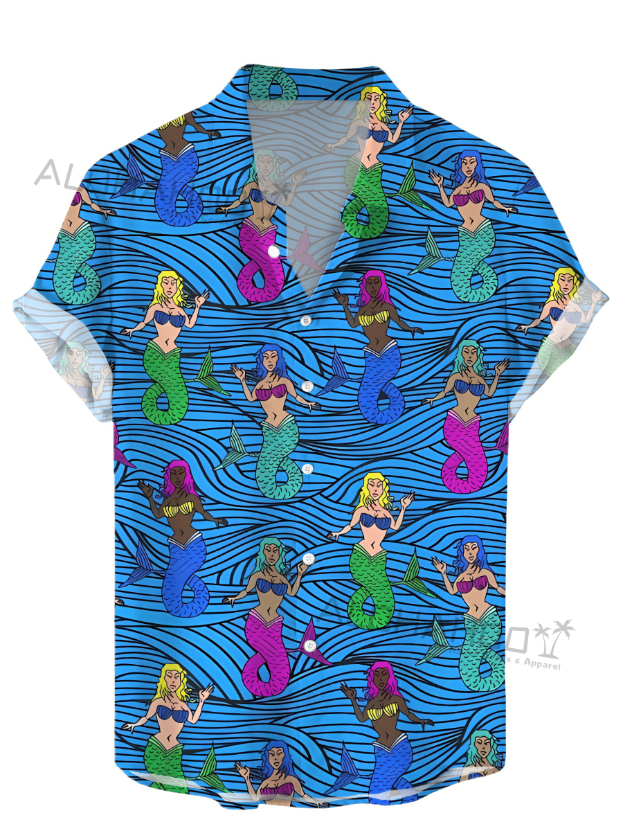 Men's Hawaiian Cartoon Mermaid Pattern Shirts Aloha Shirts
