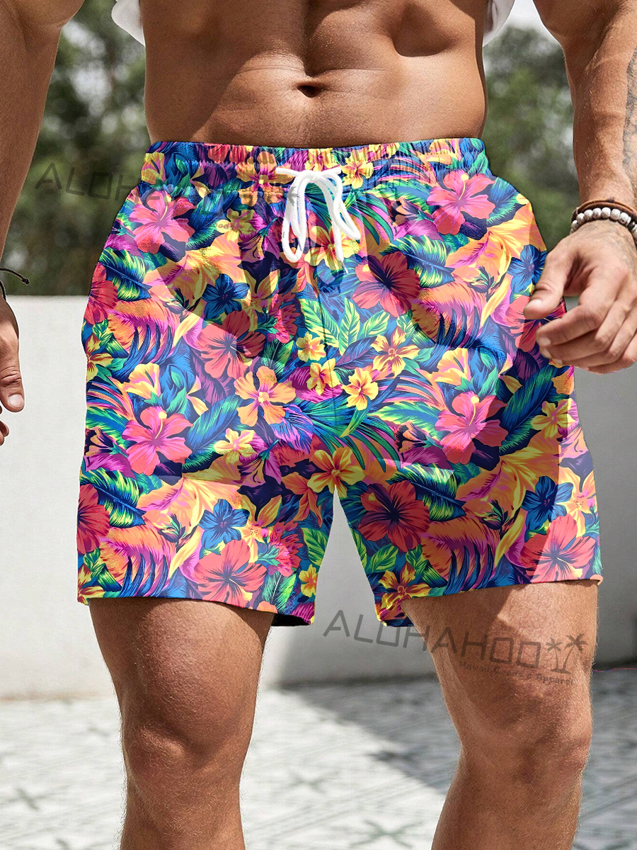 Men's Hawaiian Hibiscus Pattern Beach Shorts