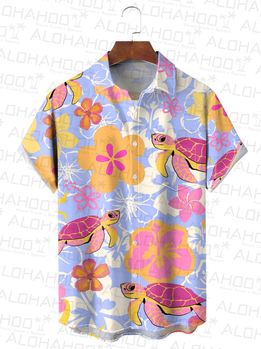 Men's Hawaiian Shirt Tropical Turtle Print Beach Easy Care Short Sleeve Shirt