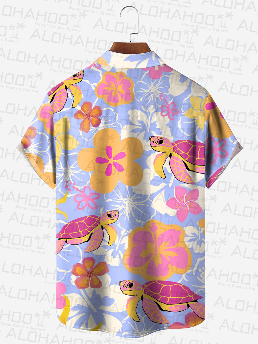Men's Hawaiian Shirt Tropical Turtle Print Beach Easy Care Short Sleeve Shirt