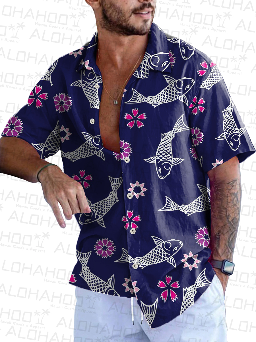 Japanese Style Koi Pattern Short-Sleeved Hawaiian Shirt
