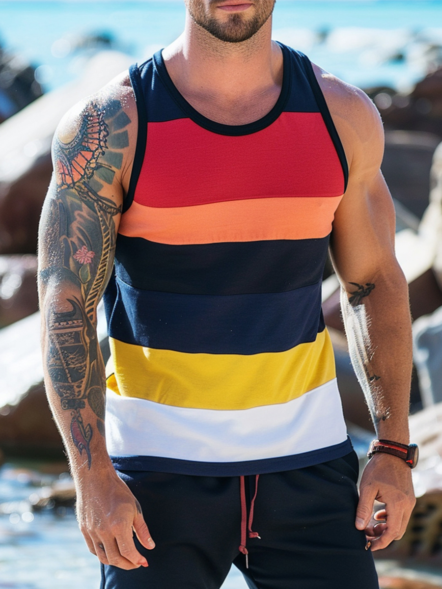 Men's Sleeveless Muscle Tank Top Multicolor Stripes Tank Top
