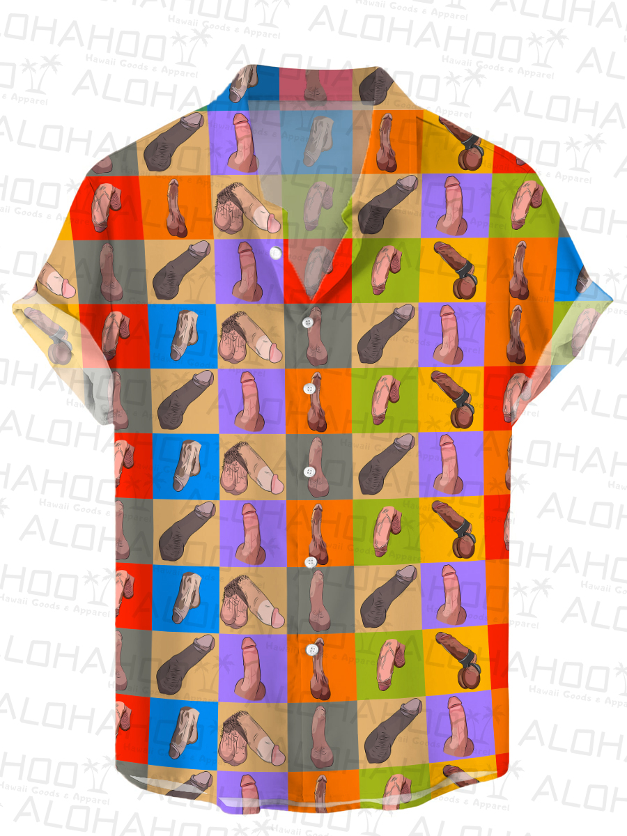 Men's Hawaiian Shirt Fun Colorblock Cocks Print Shirt