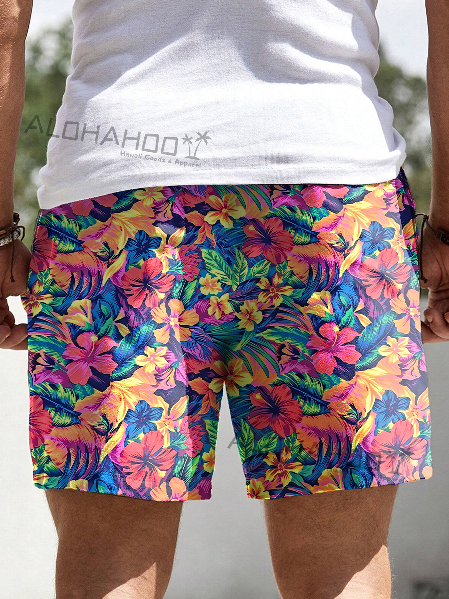 Men's Hawaiian Hibiscus Pattern Beach Shorts