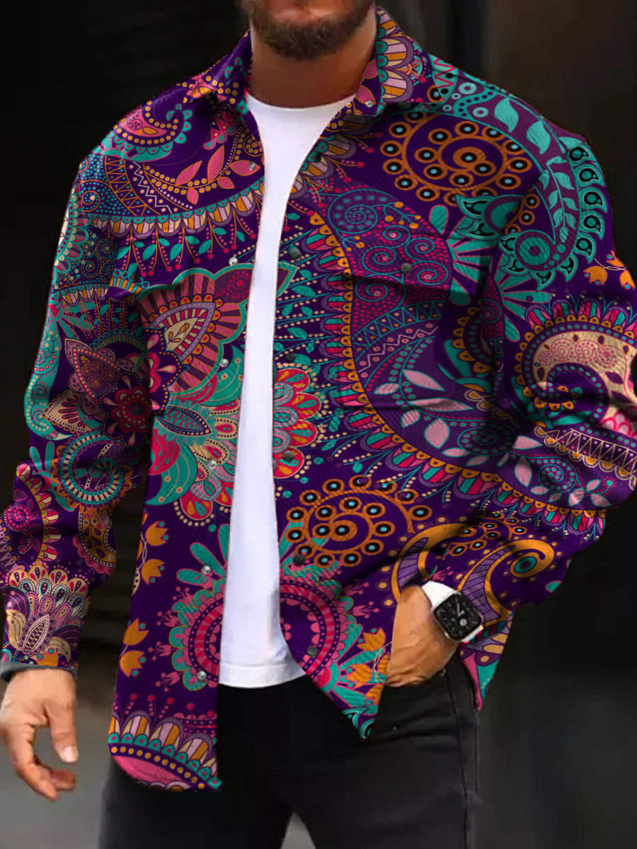 Men's Casual Jacket Retro Paisley Pattern Long Sleeve Pockets Shirt Jacket