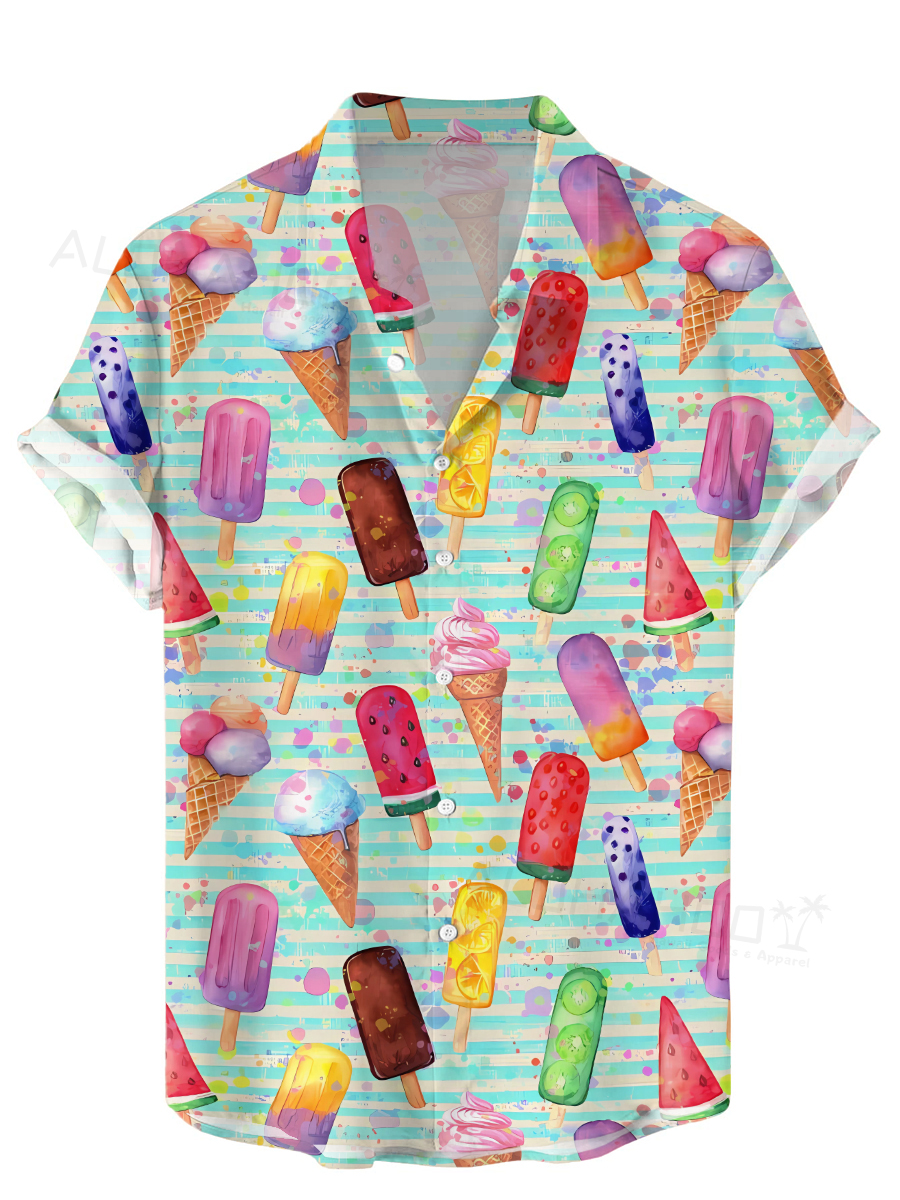 Men's Hawaiian Shirt Summer Colorful Ice Cream Print Beach Easy Care Short Sleeve Shirt