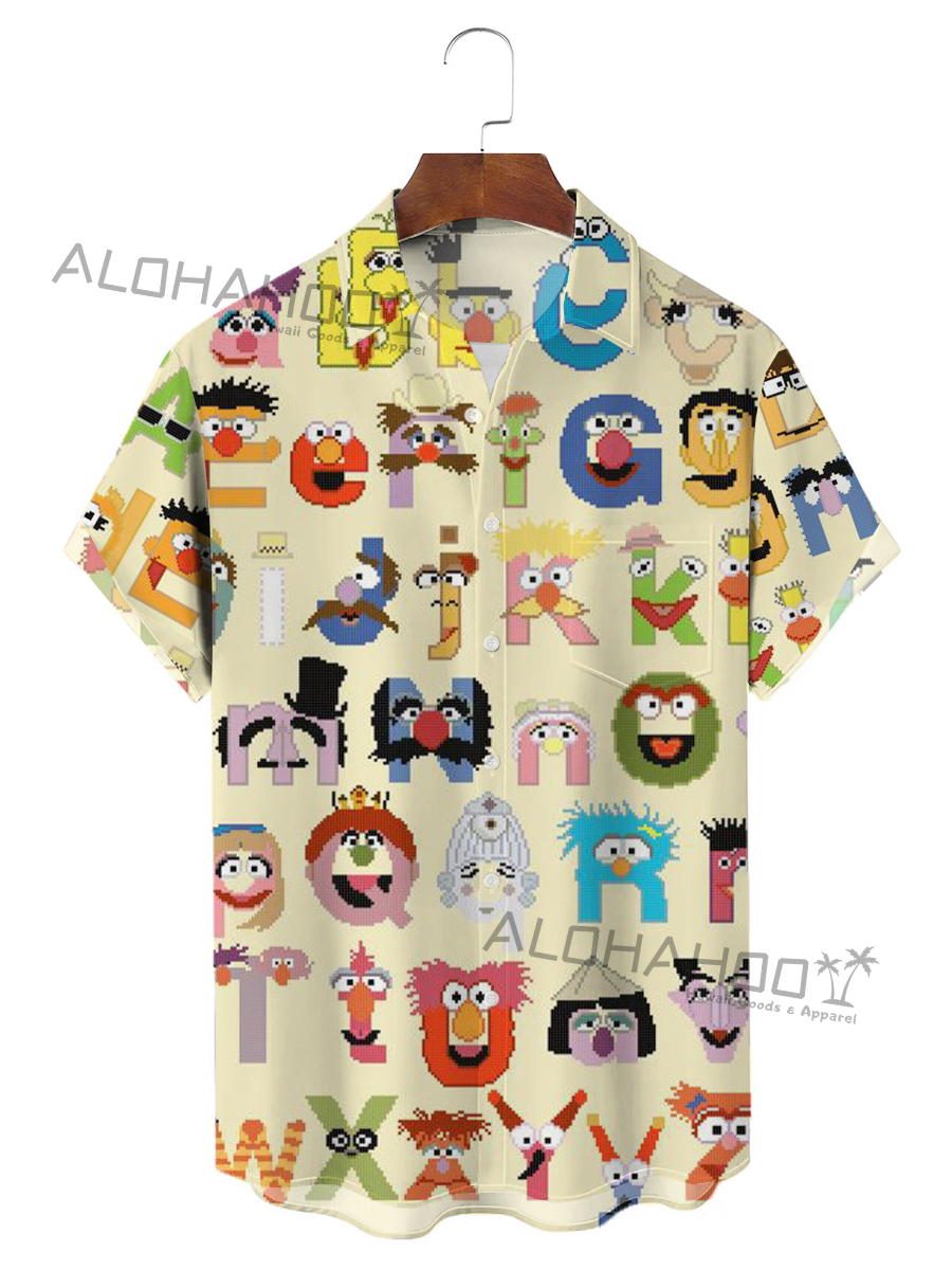 50's Muppets Cartoon Men's Hawaiian Shirt Stretch Camp Pocket Letter Shirt Big Tall