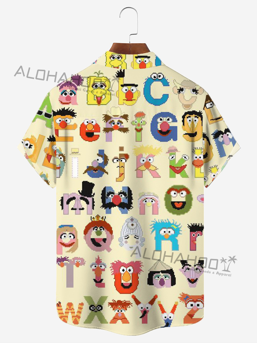 50's Muppets Cartoon Men's Hawaiian Shirt Stretch Camp Pocket Letter Shirt Big Tall