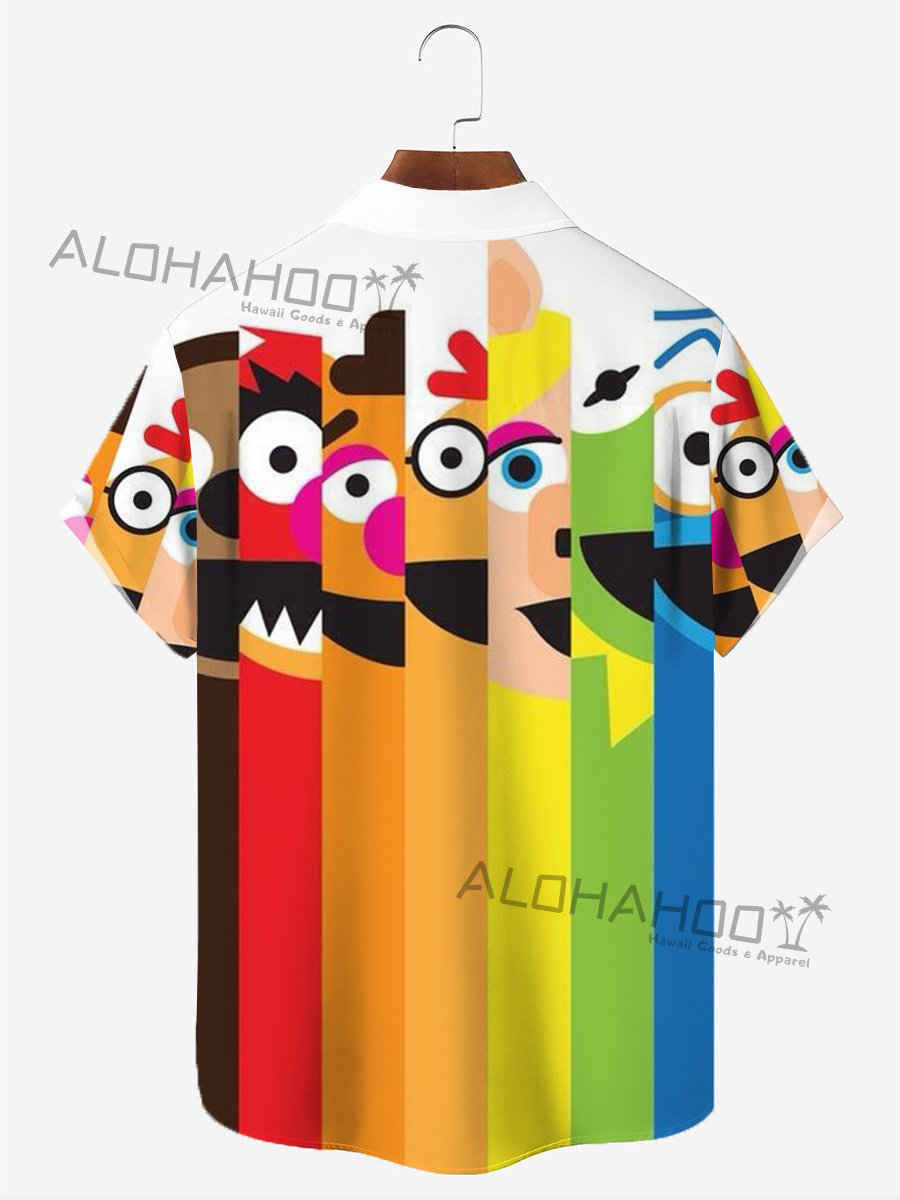 50's Muppets Cartoon Men's Hawaiian Shirt Stretch Camp Pocket Letter Shirt Big Tall