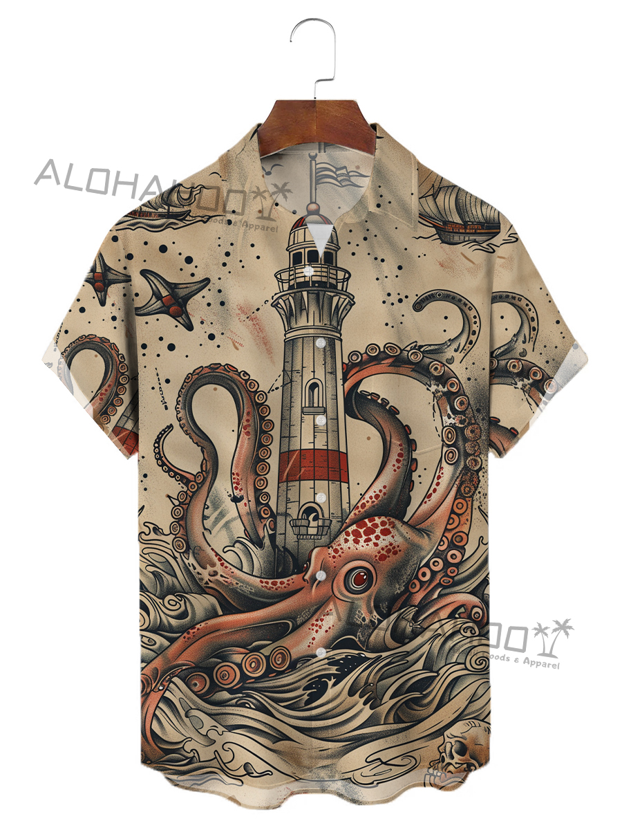Alohahoo X Artist  Vintage Octopus Print Men's Button Down Short Sleeve Shirt