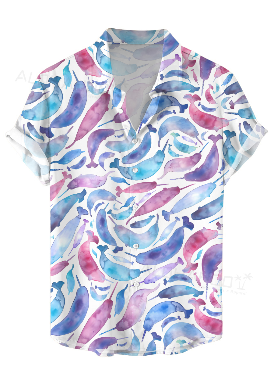 Men's Hawaiian Shirt Watercolor Mermaid Print Beach Easy Care Short Sleeve Shirt