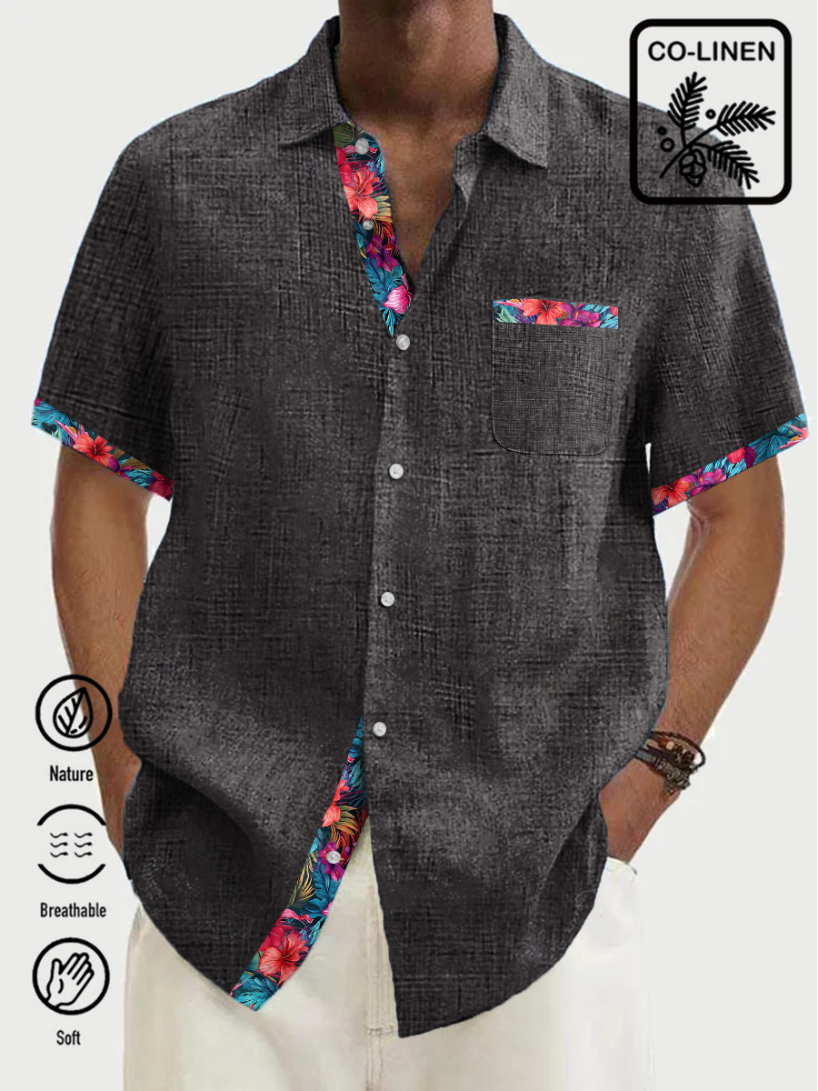 Men's Cotton-Linen Shirts Summer Hibiscus Patchwork Lightweight Hawaiian Shirts