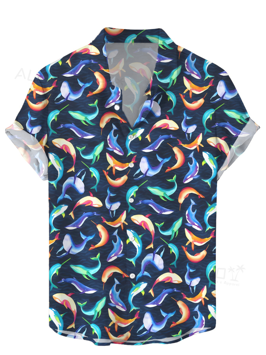 Men's Hawaiian Shirt Watercolor Deep Ocean Print Beach Easy Care Short Sleeve Shirt