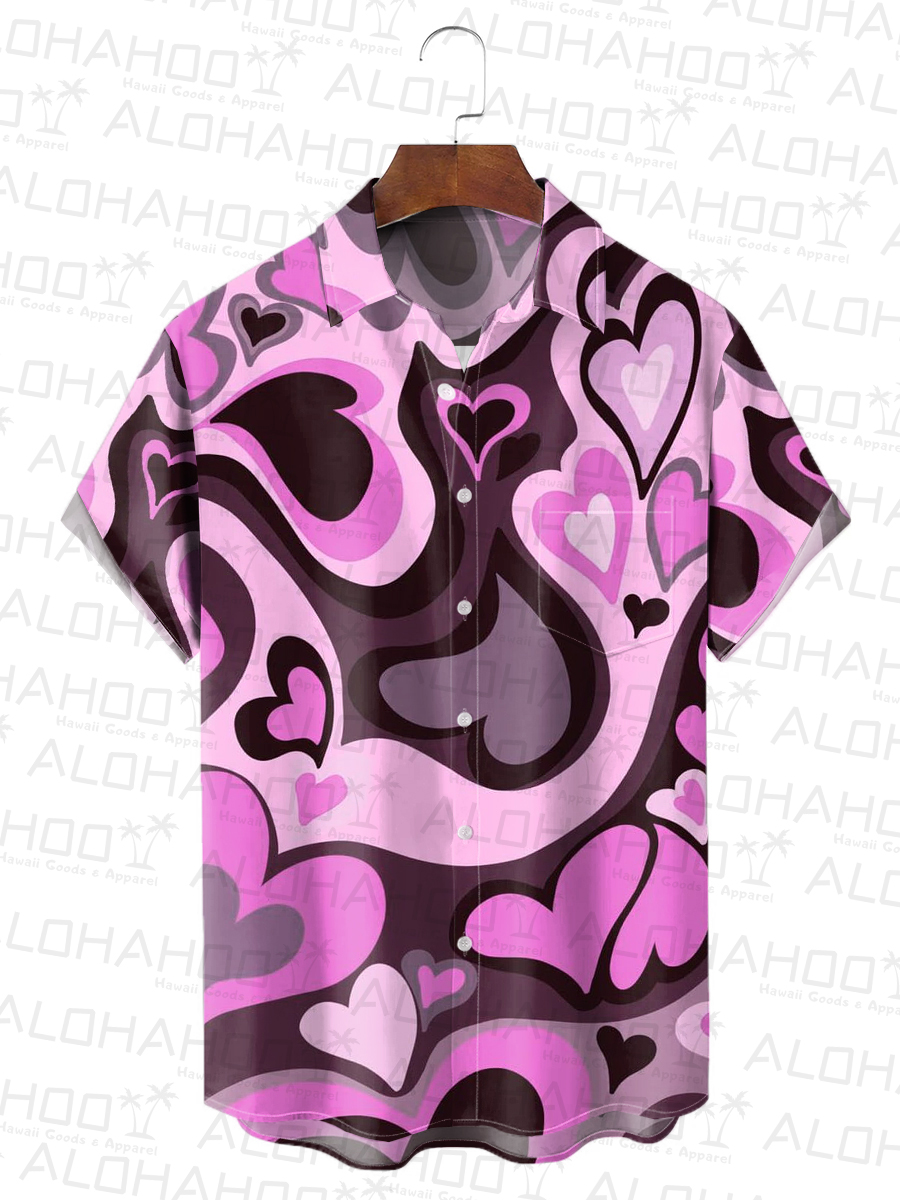 Men's Hawaiian Shirt Heart Print Pink Doll Style Beach Easy Care Short Sleeve Shirt