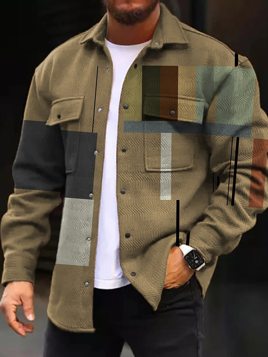 Men's Casual Jacket Retro Colorblock Pattern Long Sleeve Pockets Shirt Jacket