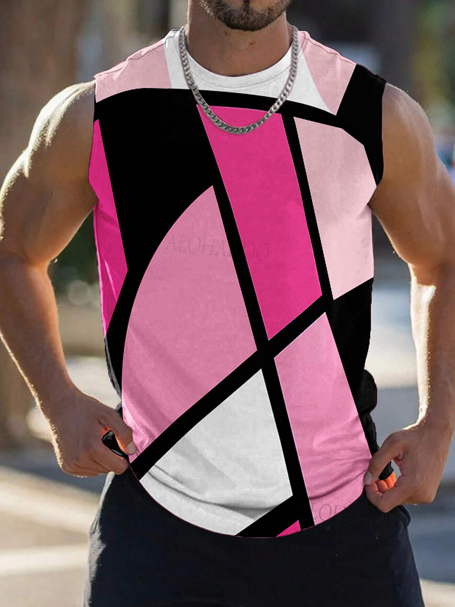 Men's Tank Top Doll Pink Style Colorblock Print Cozy Sleeveless T-Shirt