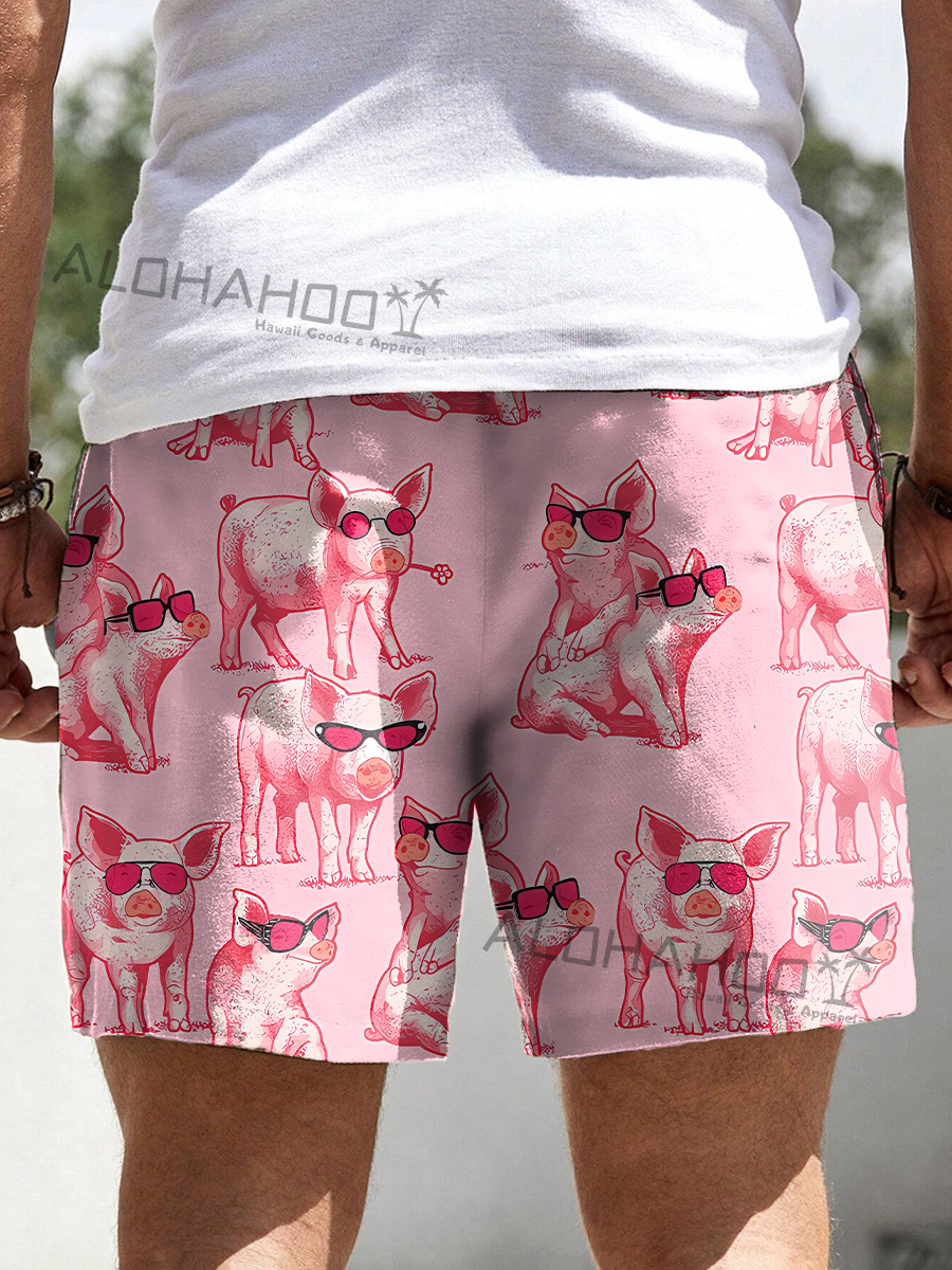 Men's Hawaiian Funky Pig Loose Beach Shorts