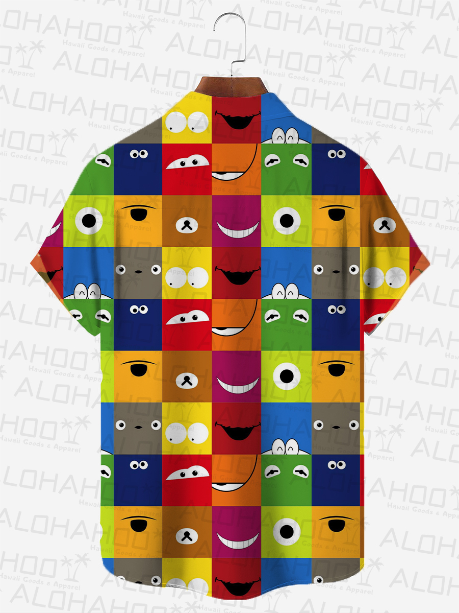 Men's Hawaiian Shirts Nostalgic Colorblock Cartoon Art Print Short Sleeve Shirt