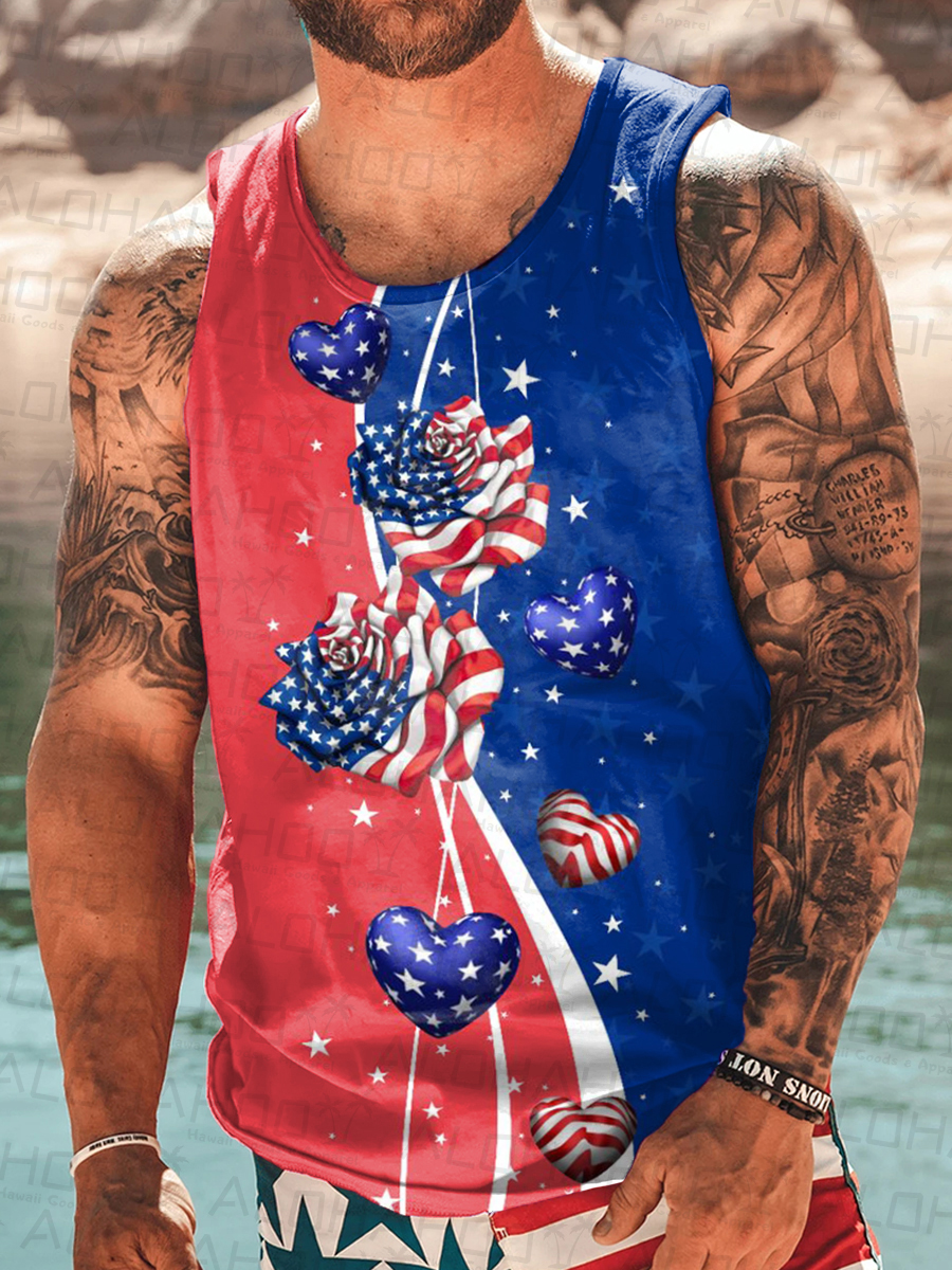 Men's T-shirt Casual American Flag Rose Print Tank Top