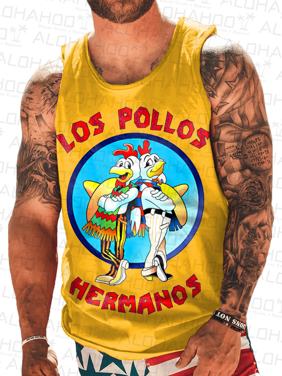 Men's Nostalgic Rooster Cartoon Print Crew Neck Tank Top Muscle Tee