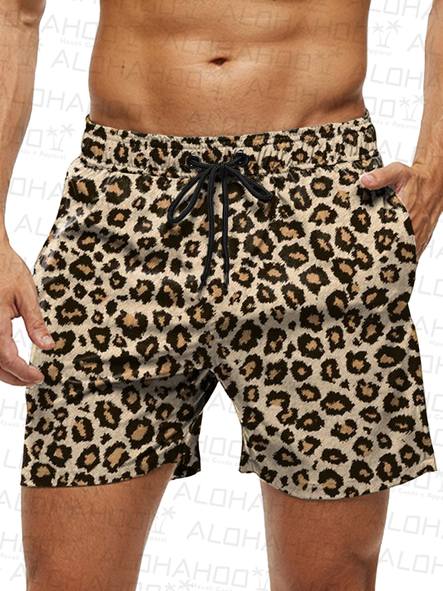Men's Hawaiian Shorts Casual Leopard Print Vacation Beach Shorts