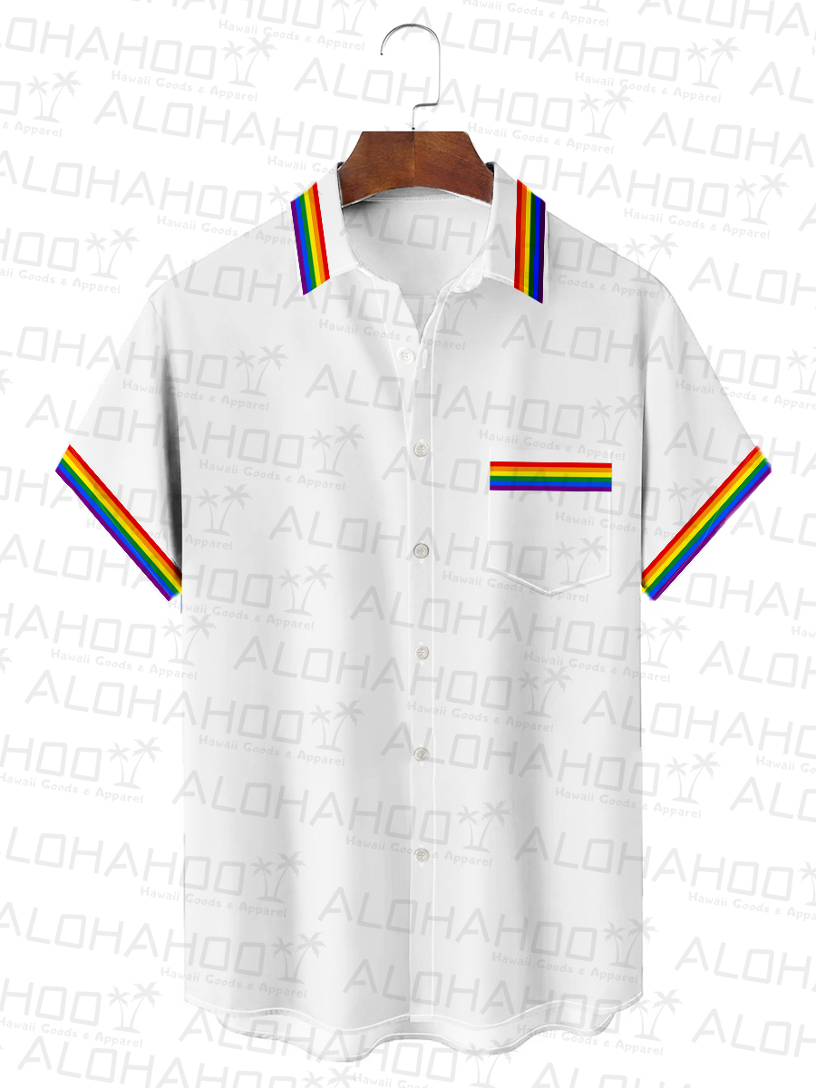 Men's Hawaiian Shirt Rainbow Stripes Print Beach Easy Care Short Sleeve Shirt